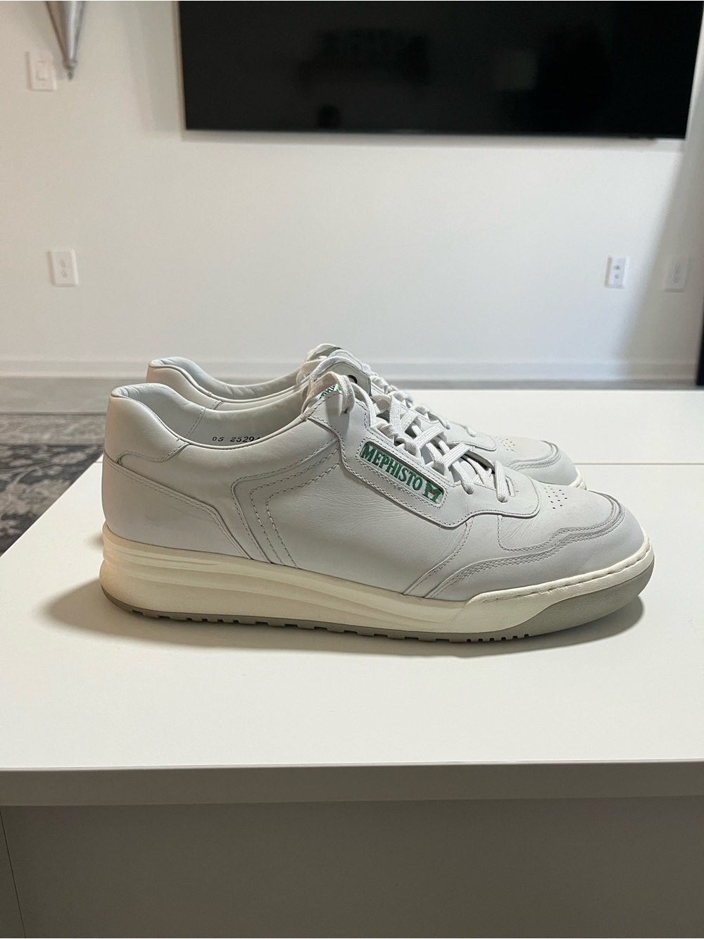 Mephisto Men's White Leather Sneakers with Cream Sole and Green Logo